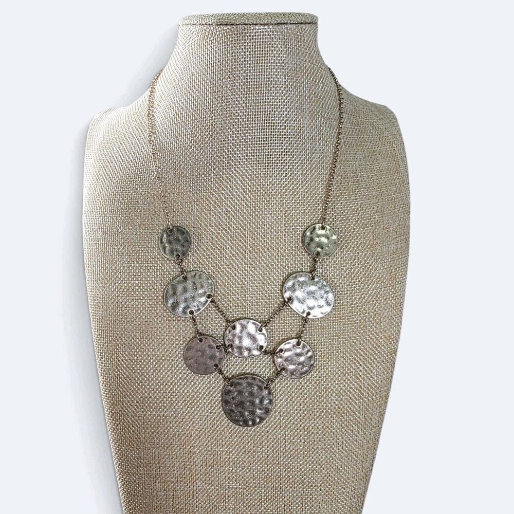 Gold Tone Hammered Disc Festoon Bib Statement Necklace Boho Retro